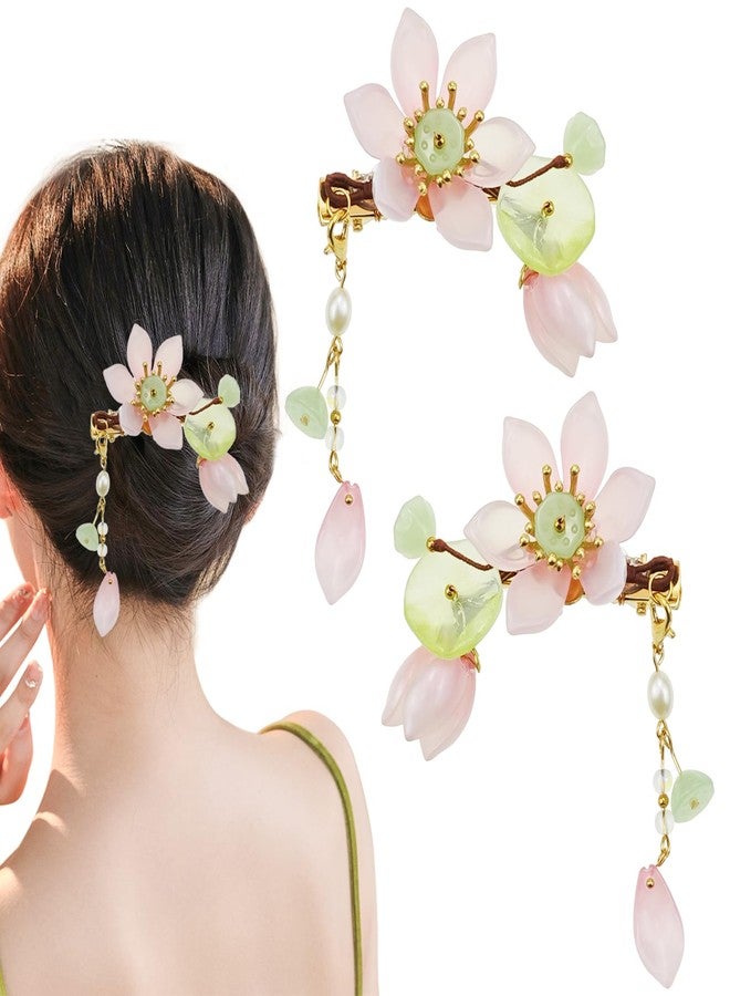 Capiant 1 Pair Pink Handmade Lotus Hair Clips, Vintage Flower Tassel Clip, Hanfu Decorative Chinese Hair Accessories for Women Bride Bridesmaids - Image 1